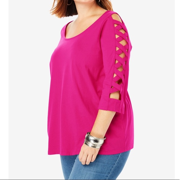 torrid Tops - Roaman’s - Bright Pink Lattice Sleeve Ultimate Tee torrid Tops - Roaman’s - Bright Pink Lattice Sleeve Ultimate Tee